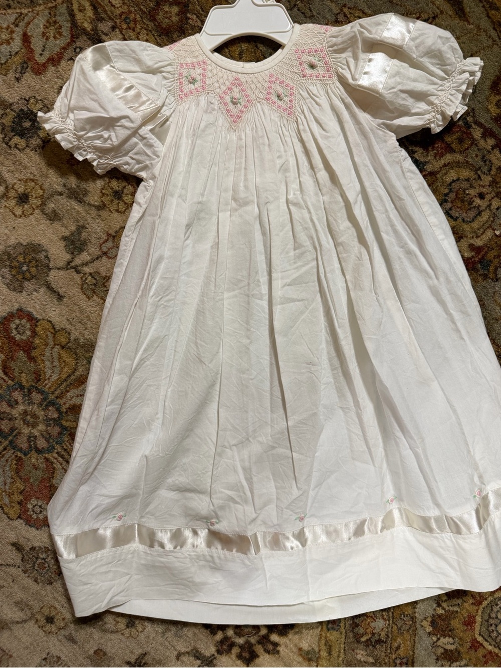 White Girls' Smocked Dress with Pink Embroidery